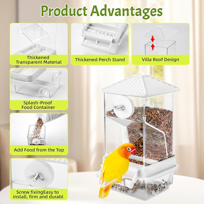 Rypet No Mess Automatic Bird Feeder for Cage,Transparent Acrylic Parrot Seed Feeders,Food Container for Cage,Parrot Feeder Cage Accessories for Small and Medium Lovebirds Parakeets Cockatiel Finch
