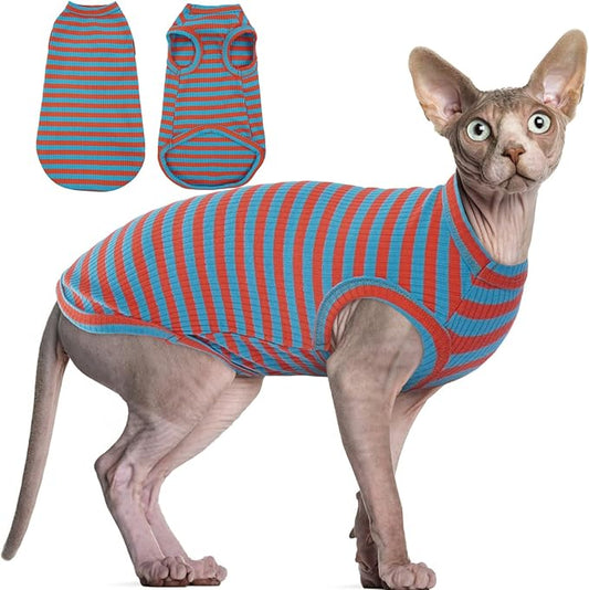 BRKURLEG Hairless Cats T Shirt, Cat Sweaters, Pullover Kitten Shirts, Sleeveless Round Collar Cotton Vest for Cornish Rex Devon Rex Peterbald and Small Dogs Sweater(OrangeBlue Stripes, L)