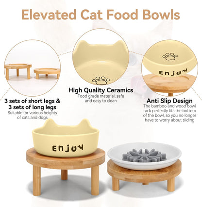 3PCS Elevated Cat Bowls,Wide Raised Ceramic Pet Dishes with Bamboo Stand, Whisker Friendly Pet Water or Food Plates Feeding Station for Indoor Small Dogs, Kitten (Yellow(3PCS))