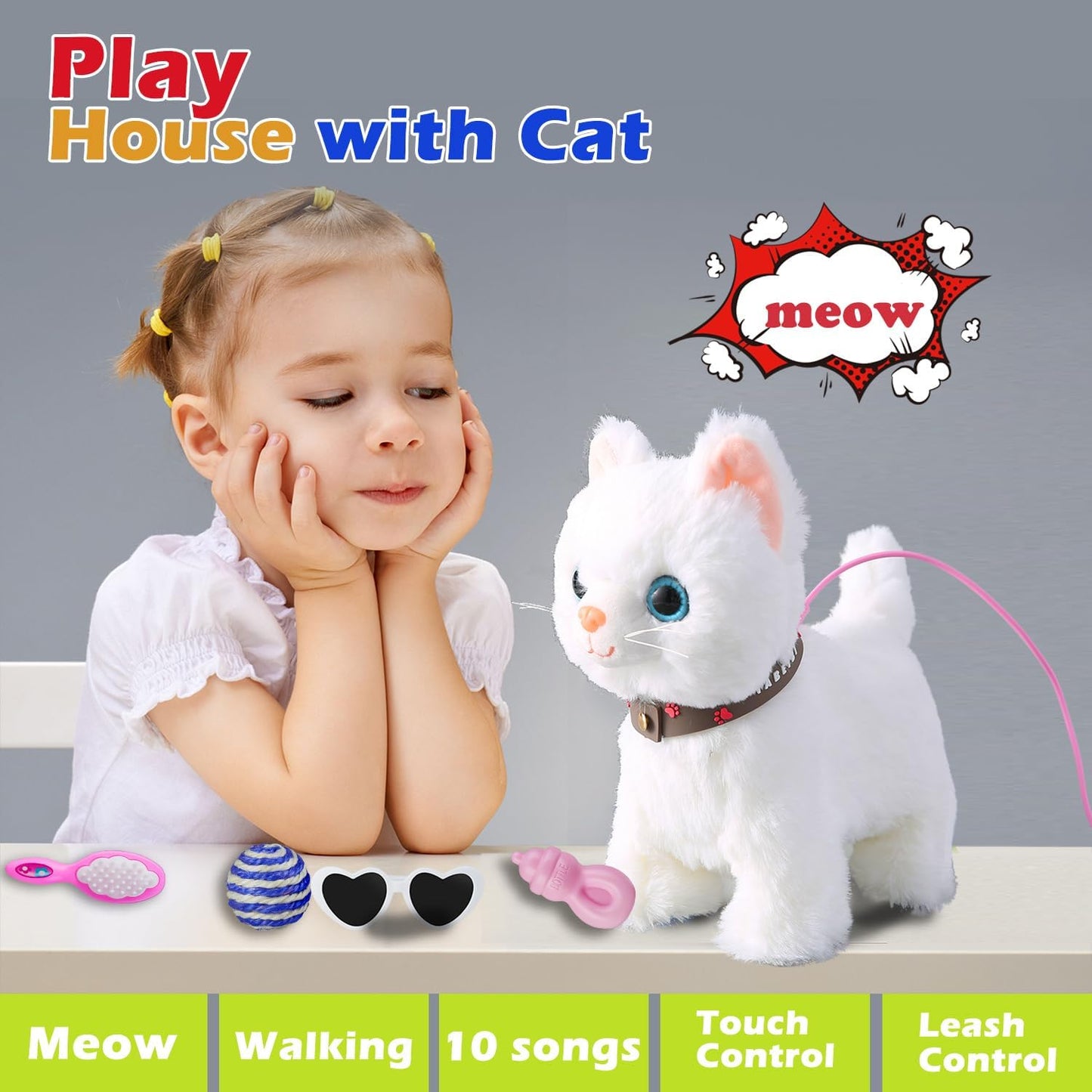 White Leash Walking Cat Set Singing That Purrs and Meows Animated Plush Robot Kitten Pet Moving Plush Realistic Stuffed Animal Remote Control Cute Kawai Robotic Kitty Toy for Kid