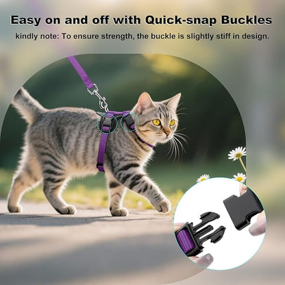 Plutus Pet Adjustable Cat Harness and Leash Set, Quick Release, Escape Proof Nylon Vest with Leather Trim for Kitten, Small Medium Large Cats, Purple