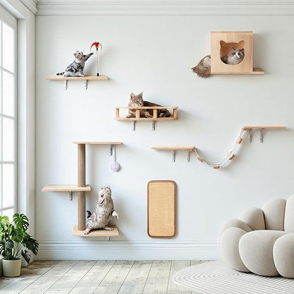 Cat Wall Shelves, Solid Wooden Wall-Mounted Cat Furniture, Set of 6 Cat Climbing Shelves with House, Bed, Bridge, Tree, Steps and Scratcher