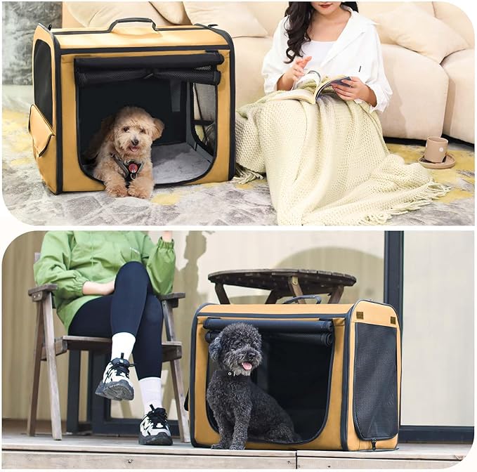 Dog Car Carrier Light Weight, Dog Carrier for Cars Easy to Assemble, Dog Cars Crate Portable and Breathable, Foldable Pet Carrier for Both Indoor and Outdoor Use, Dogs Travel Crate with Curtain Brown