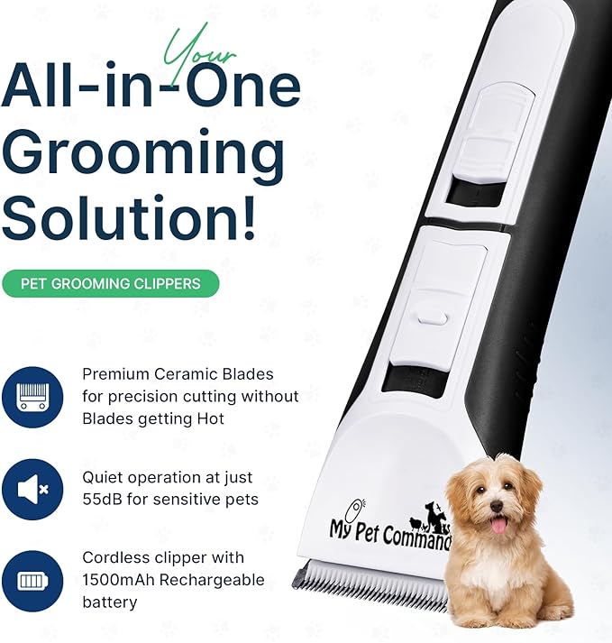 My Pet Command Professional Dog Clippers for Grooming, Cordless Rechargeable Pet Trimmers, Heavy Duty Dog Clippers for Thick Coats, Low Noise, Light Weight