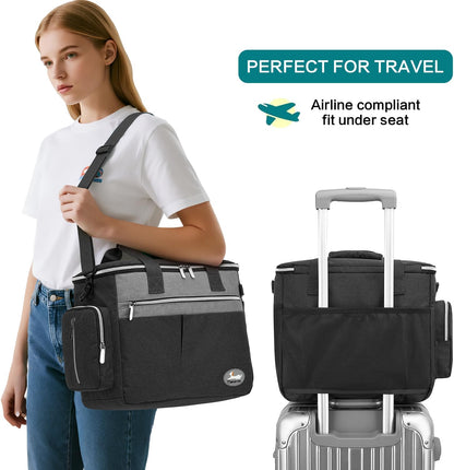 Dog Travel Bag for Pet Kit for Supplies with 2 Food Storage Containers 2 Collapsible Bowls 1 Feeding Mat 1 Dog Treat Pouch 7-Piece Set Perfect Road Trips Camping Weekend or Doggy Gift, Black