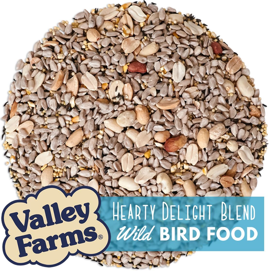 Valley Hearty Delight Wild Bird Food for Outside Feeders, No-Mess Wild Bird Seed with Sunflower Hearts & Peanut Kernels, Filler Free Bird Seed Perfect for Outdoor Patios, (4 LBS)