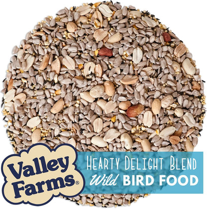 Valley Hearty Delight Wild Bird Food for Outside Feeders, No-Mess Wild Bird Seed with Sunflower Hearts & Peanut Kernels, Filler Free Bird Seed Perfect for Outdoor Patios, (4 LBS)