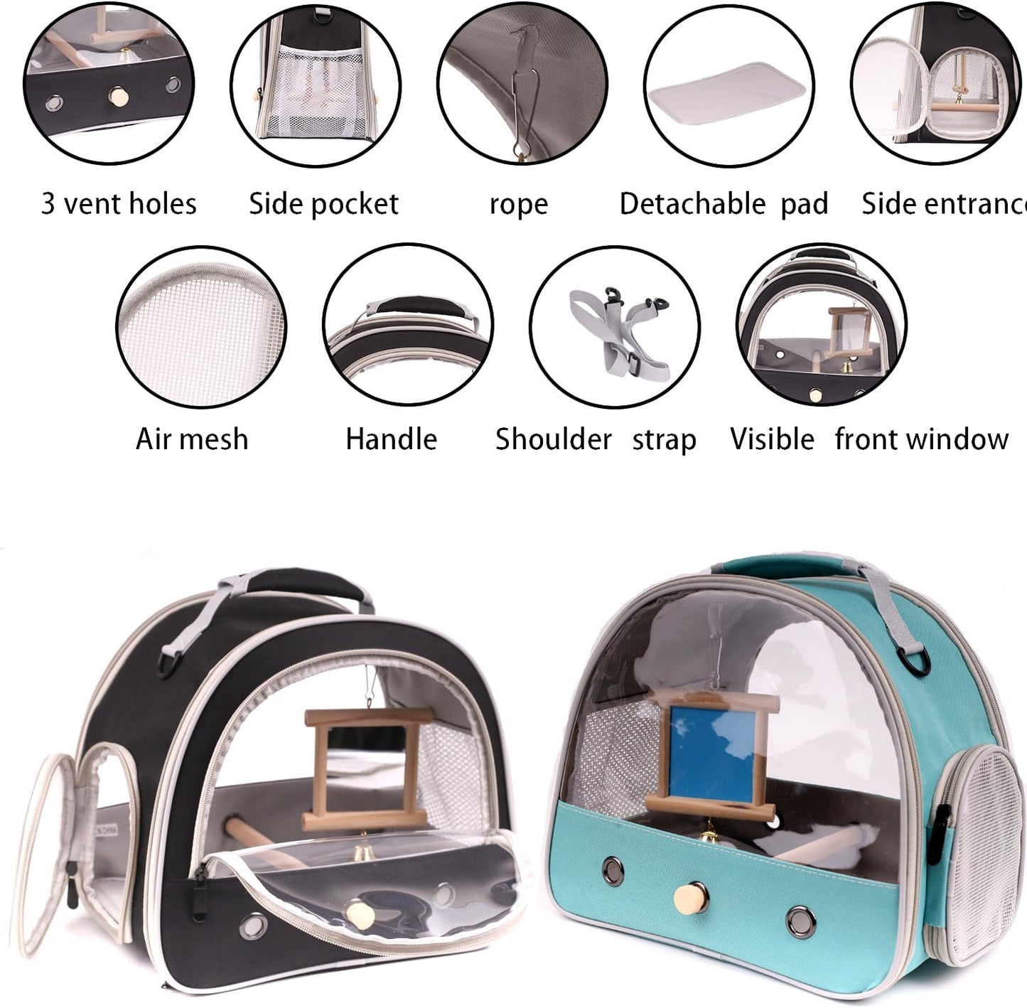 Parrot Travel Cage Carrier with Bird Cage Bells Mirror Set,Portable Small Bird Parakeet Bag with Standing Perch and Comfy Mat Bird Carry Transport Bag with Clear Window Outdoor Adventure