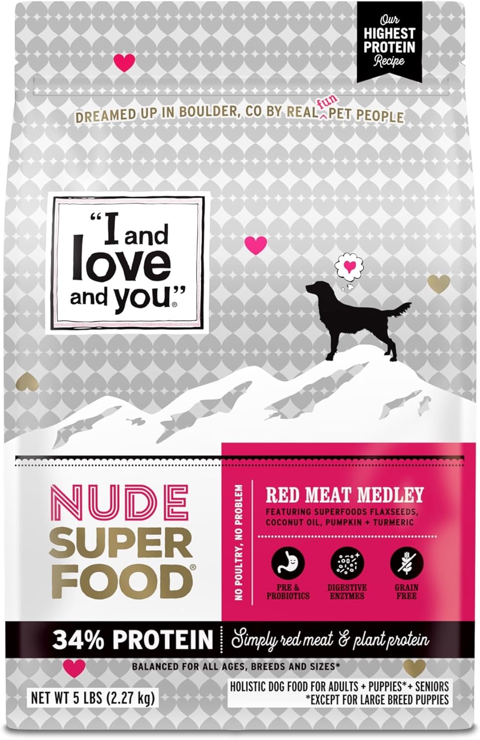 I and love and you Nude Super Food Dry Dog Food - Red Meat Medley - Prebiotic + Probiotic, Grain Free, Real Meat, No Fillers, 5lb Bag