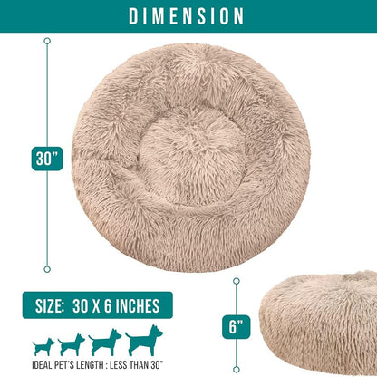 PetAmi Calming Dog Bed for Small Medium Dog Cat, Round Donut Dog Bed Washable, Fluffy Faux Fur Plush Cuddler Pet Kitten Cushion Bed, Anti-Slip, Fits up to 45 lbs, 30 inch, Taupe