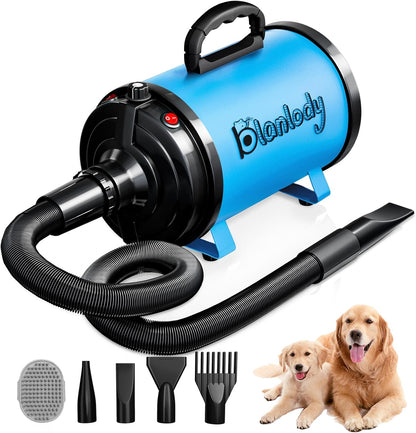 Dog Dryer Pet Hair Blower High Velocity for Grooming, Blow 3800W/5.2HP for Large Dogs Sechoir Pour Chien with Stepless Adjustable Speed, 4 Different Nozzles and Dog Brush,Blue