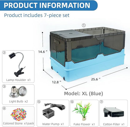 Turtle Tank kit with Filter+Water Pump+Heat lamp, Wheels, Easy to Move, Imitate The Natural Flows, Suitable for Small Turtle Horned Frog Hermit (XL, Blue)