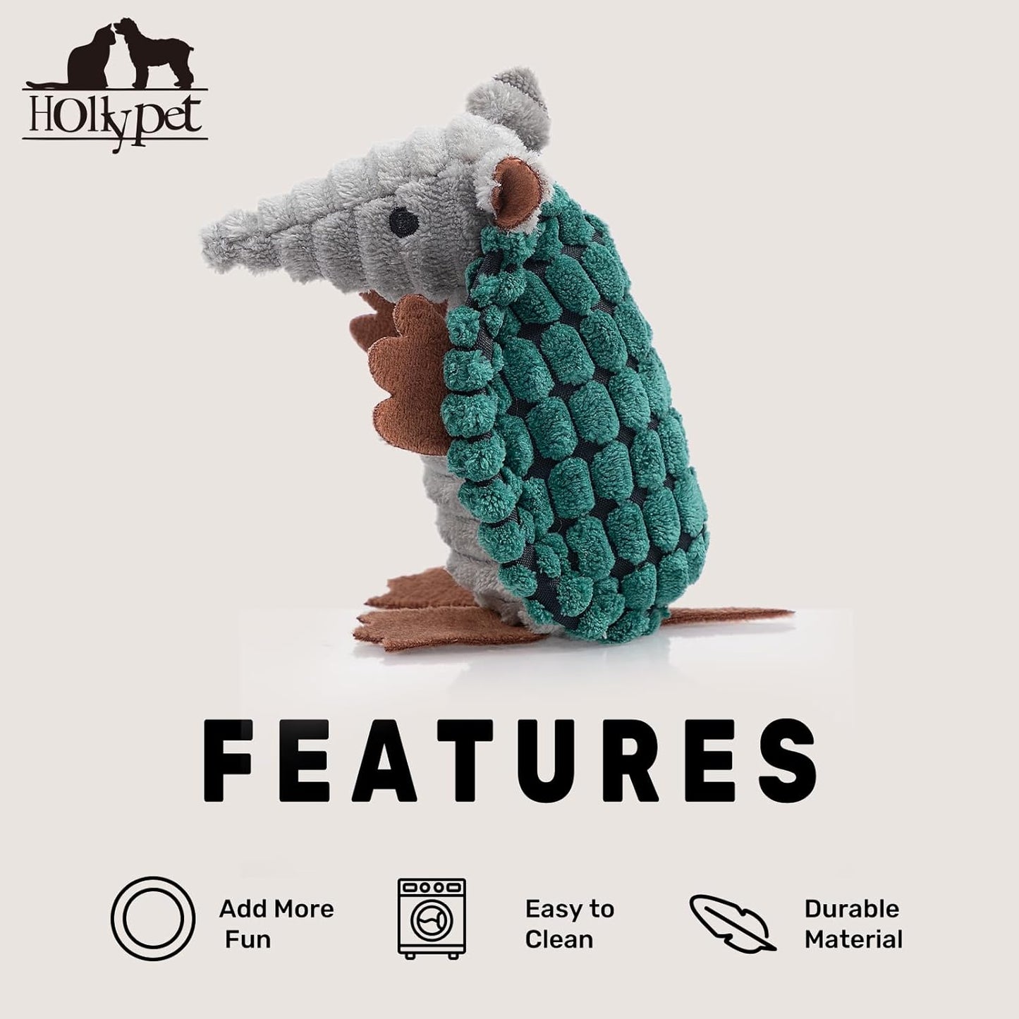 Hollypet Plush Dog Squeaky Toy Stuffed Armadillo Animal Pet Puppy Chew Toys with Clean Teeth for Small Medium Large All Breed Sizes Dogs, Deep Green, 6 in