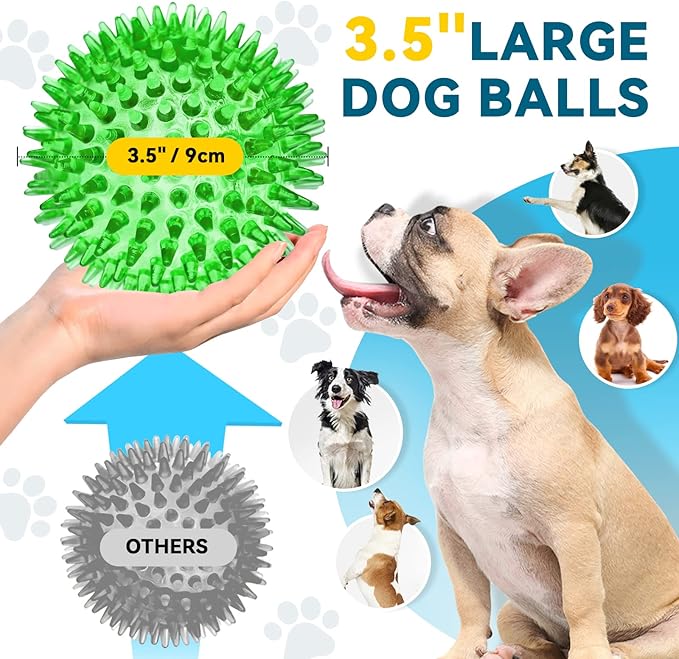 3.5” Large Dog Toys Ball, 6 Pack Squeaky oys, Durable for Aggressive Chewers, Spiky Ball for Clean Teeth and Training, Fetch Toys for Large Dogs, for Puppy Chew and Teething
