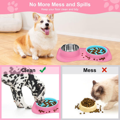 Slow Feeder Dog Bowls 3 in 1 Stainless Steel Dog Food and Water Bowls with Non-Spill Non-Skid Silicone Mat to Slow Down Eating for Large Medium Small Breed Size Dogs and Cats
