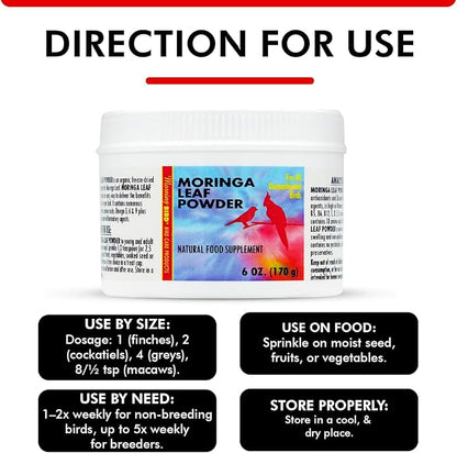 Morning Bird Moringa Leaf Powder 6 oz – Natural Food Supplement for Birds, Rich in Vitamins & Minerals, Boosts Immune System & Energy, Supports Healthy Feathers, Digestion, and Overall Avian Wellness