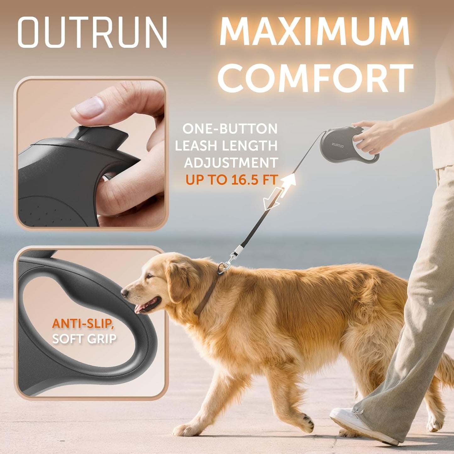 OUTRUN Retractable Dog Leash 16 FT Walking Leash up to 55 Lbs, Strong Nylon Tape No Tangle, Heavy Duty One-Handed Brake Lock Perfect for Small & Medium Sized Dogs and Pets