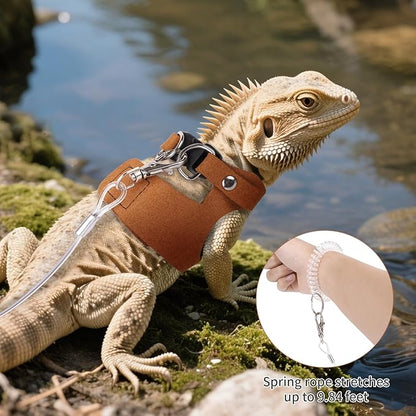 3 Pack Escape-Proof Bearded Dragon Leash - Adjustable Leather Vest and Retractable Nylon Leash, Bearded Dragons Accessories for Chameleons & Small Pets (S/M/L,Brown)