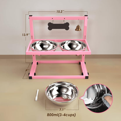 SHAINFUN Elevated Bowls for Small and Medium Dogs, Raised Stand With 2 Stainless Steel Food & Water Bowls, Adjustable Height Feeder for Puppy & Cats, Cute Pink