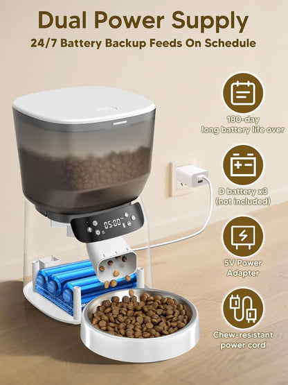 Automatic Cat Feeder and Water Fountain, 4L/16 Cups Timed Cat Dry Food Dispenser, 10s Meal Call, 20 Portions 6 Meals Per Day, 2L Cats Fountains for Drinking with Filter, Pet Feeder for Dog White