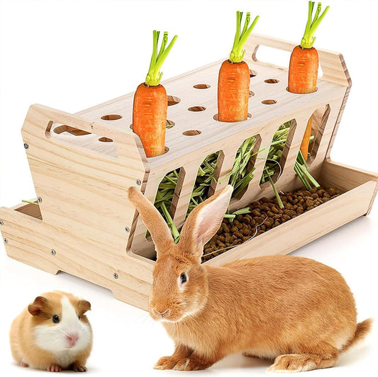 DOUBFIVSY Rabbit Hay Feeder, Large Capacity Wooden Hay Feeder for Rabbits Guinea Pigs Chinchillas, Pet-self Feeding Hay Manager Alfalfa Timothy Dispenser Grass Holder Carrot Feeders for Bunny