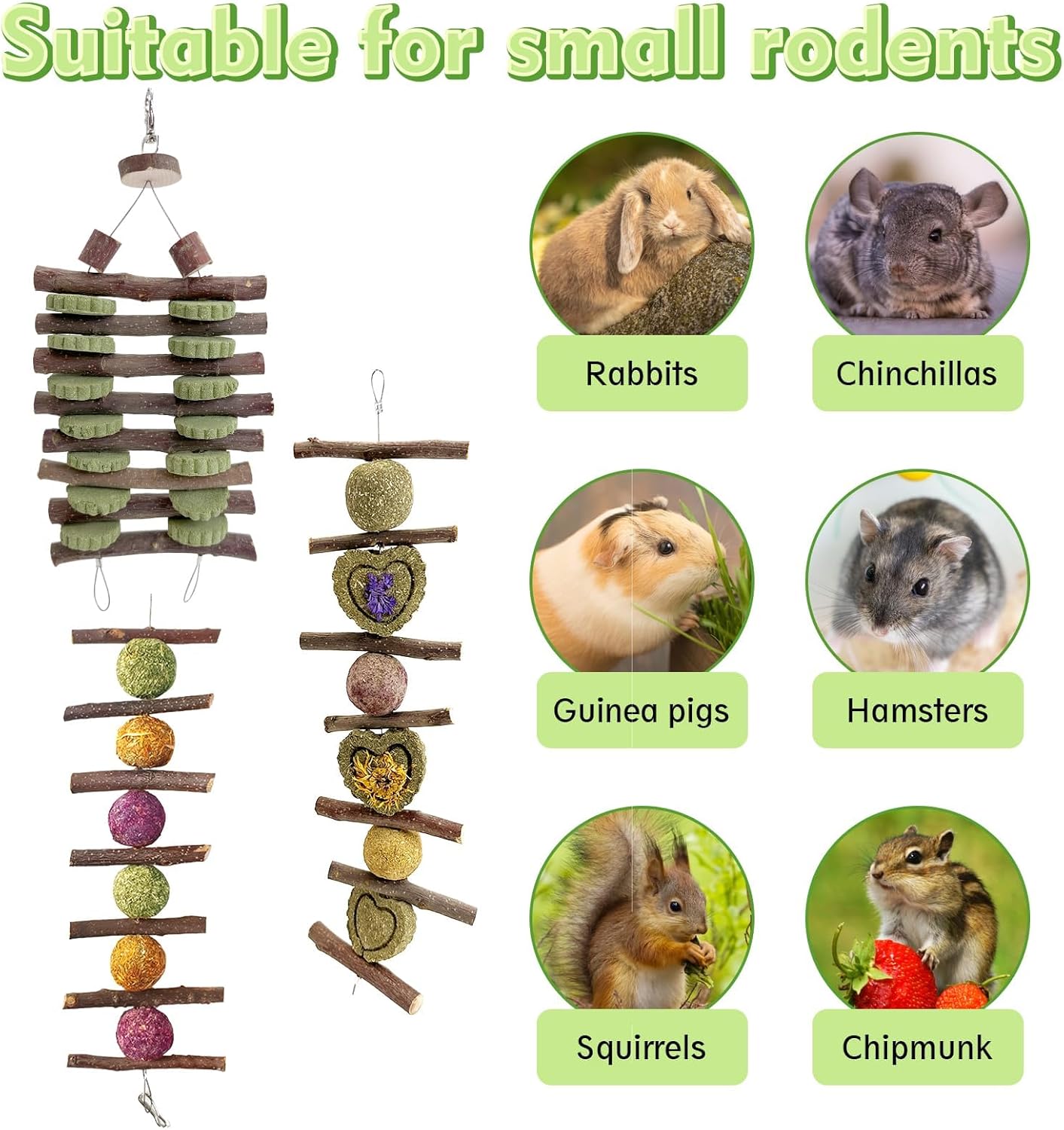 Hamiledyi Bunny Chew Toys Rabbit Hanging Toys for Teeth Grinding Rabbit Toys Natural Fruit Sticks Timothy Grass Cakes Chew Toys and Treats Improve Dental Health for Guinea Pig Hamster Chinchilla
