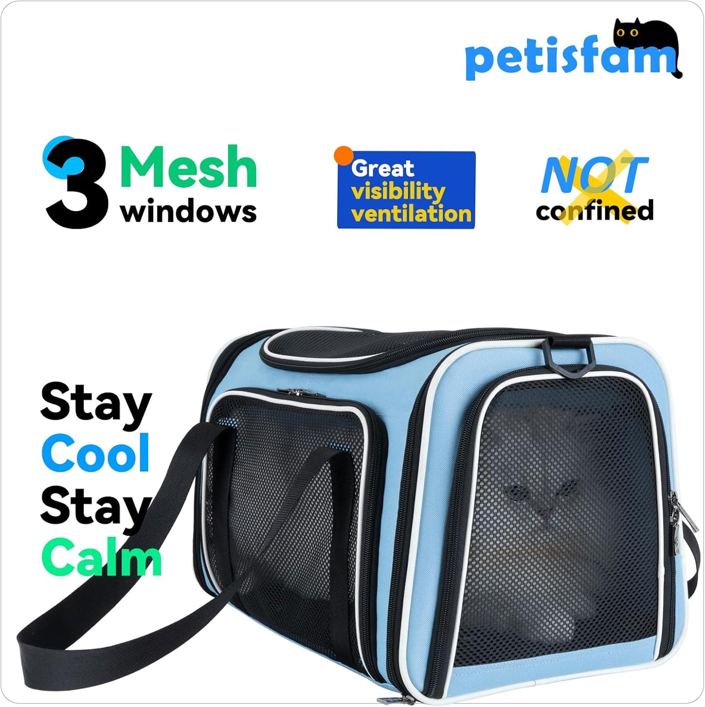 petisfam Pet Carrier Bag for Medium Cats and Puppy. TSA Airlined Approced. Easy Vet Visit, Airline Approved, Top Loading, Easy Storage
