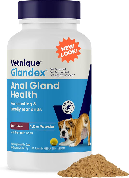 Vetnique Glandex Dog Fiber Supplement Powder for Anal Glands with Pumpkin, Digestive Enzymes & Probiotics - Vet Recommended (Regular or Advanced Strength) - Boot The Scoot (4.0oz Powder, Beef Liver)