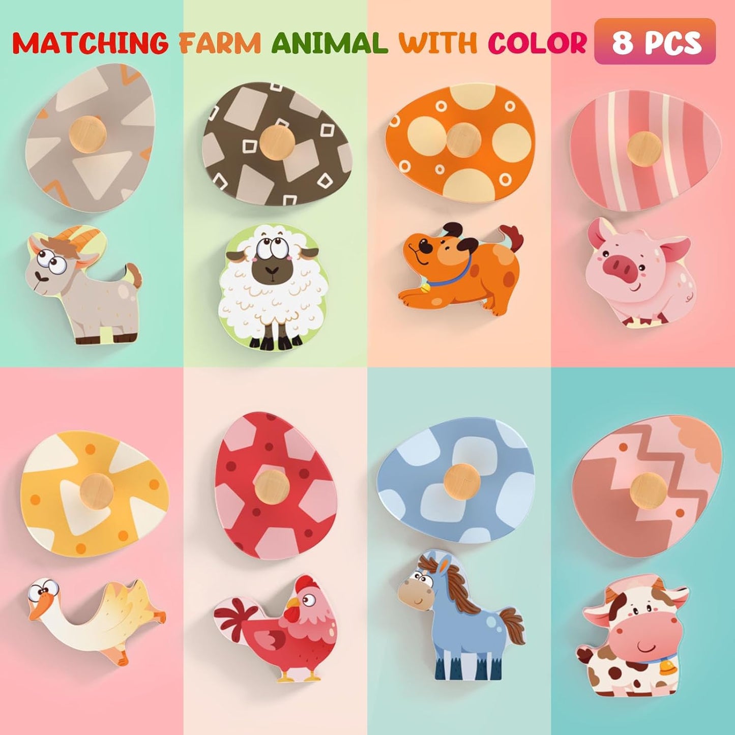 Wooden Puzzles for Toddlers, 8 Pcs Farm Animal Matching Egg Puzzle, Montessori Toys for Boy Girl Easter Birthday Gifts, Preschool Learning Activities & Educational Toys for Boys, Girls