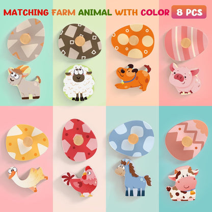 Wooden Puzzles for Toddlers, 8 Pcs Farm Animal Matching Egg Puzzle, Montessori Toys for Boy Girl Easter Birthday Gifts, Preschool Learning Activities & Educational Toys for Boys, Girls