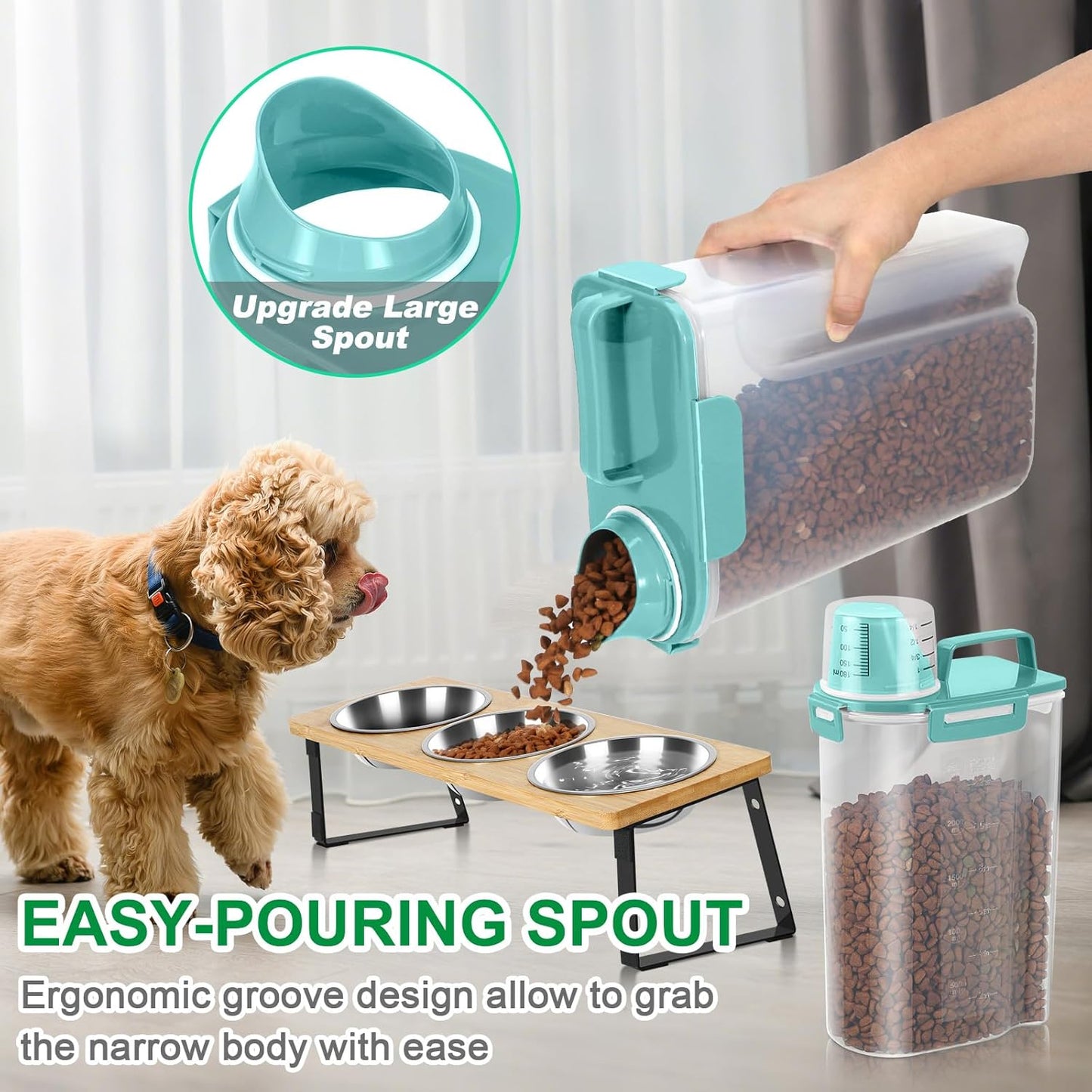 TBMax Dog Food Storage Containers 2 Pack 8 to 10 Lbs, Airtight Pet Food Container Dispenser with Large Spout & Portable Handle, Travel Dog Treat Cat Food Storage Bin Bird Seed Container -Cyan