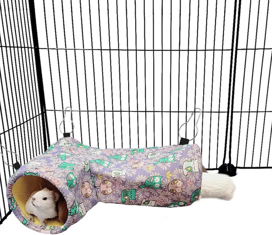 Guinea Pig Rat Ferret Hammock & Corner Tunnel for Small Animals - Hedgehog, Piggy, Chinchilla Hideout and Cage Accessories (Owl Design)