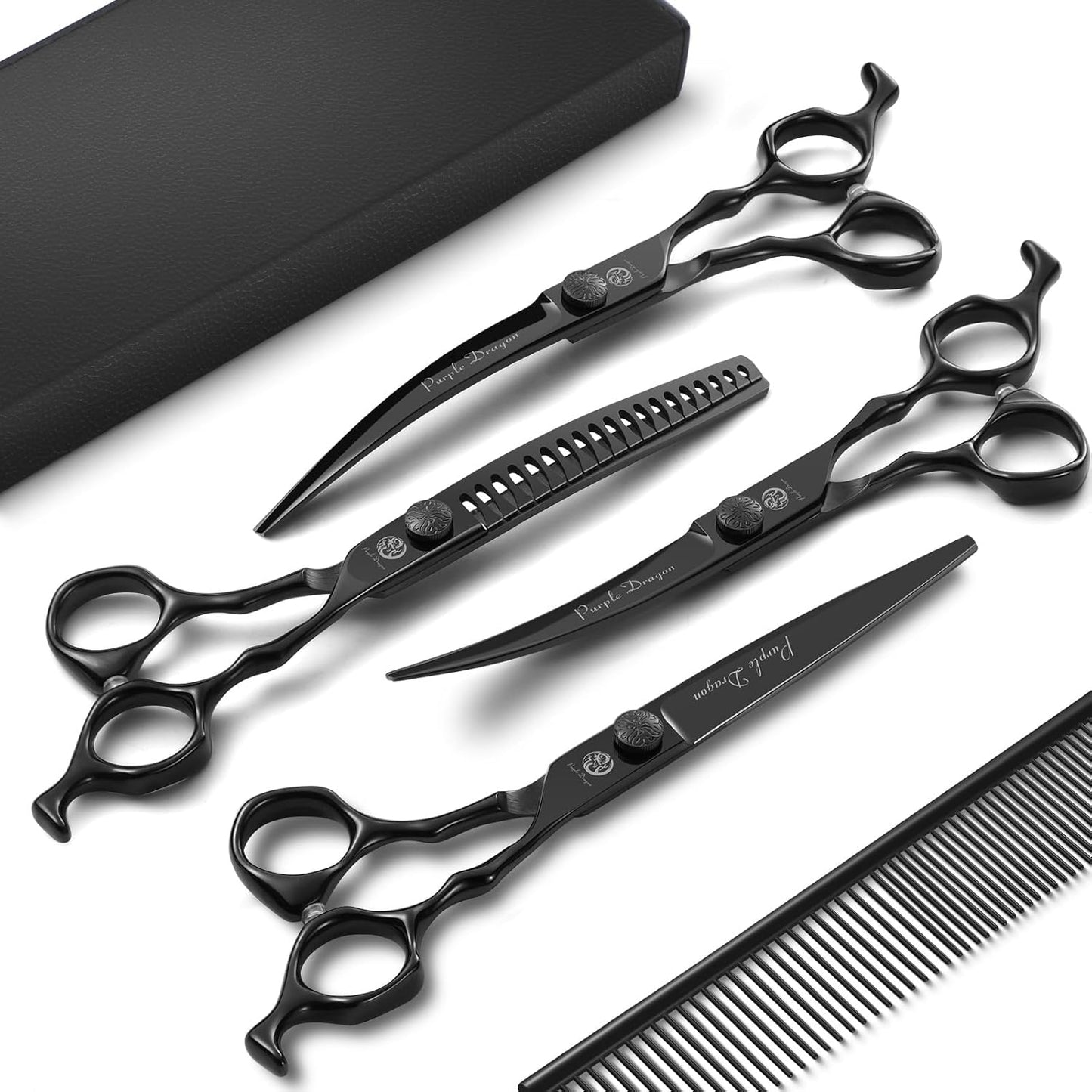 Purple Dragon Dog Grooming Scissors Set - Curved Chunkers, Straight, Up & Down Curved Scissors and Comb, 7 Inch Black Shears with Adjustable Screw for Dogs and Cats