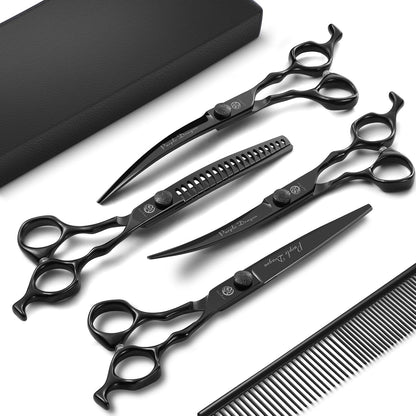 Purple Dragon Dog Grooming Scissors Set - Curved Chunkers, Straight, Up & Down Curved Scissors and Comb, 7 Inch Black Shears with Adjustable Screw for Dogs and Cats