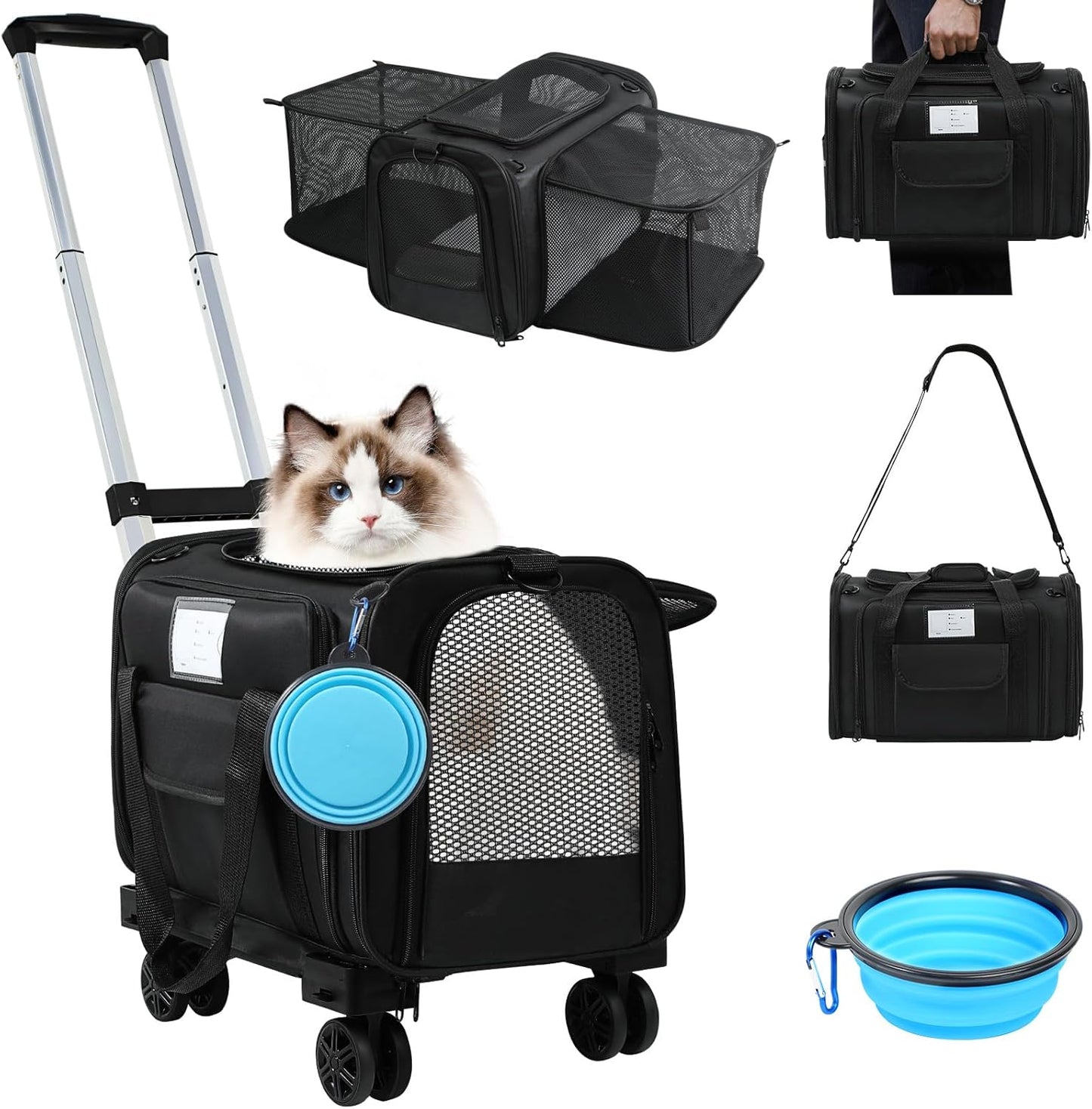 Pet Carrier Airline Approved, Expandable Pet Cat Carriers with Wheels for Dogs, Airline Approved Cat Dog Carrier, TSA Approved Pet Carrier In Cabin, Pet Dog Cat Carrier Soft,Cat Travel Carriers(Black)
