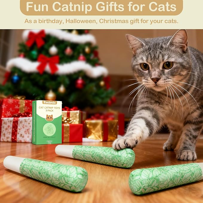 Tocirelo Catnip Toys for Indoor Cats - Cat Chew Toy Filled with 100% Pure 45000mg A+Organic Catnip, Bite Resistant Kitten Teething Toys, 3 Pack Interactive Cat Nip Kicker Toys for Anxiety Relief