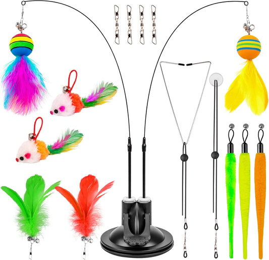 Cat Toys Wand, Interactive Cat Toy with Super Suction Cup Sticky Detachable 12 PCS Feather Replacements 2 Wands Cat Spring Feather Toys for Indoor Cats Kitten Toys (9 Toys Double Headed)