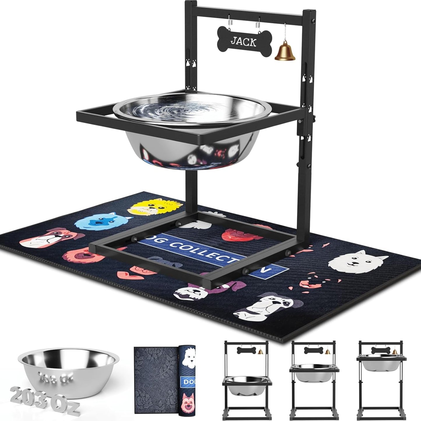 1.6Gallon Elevated Dog Water Bowl for Large Dogs, Height Adjustable (10-17.8in) Raised Stainless Steel Bowl with Spill-Proof Mat & Sturdy Metal Stand, Easy-Clean Feeder for Indoor/Outdoor Use