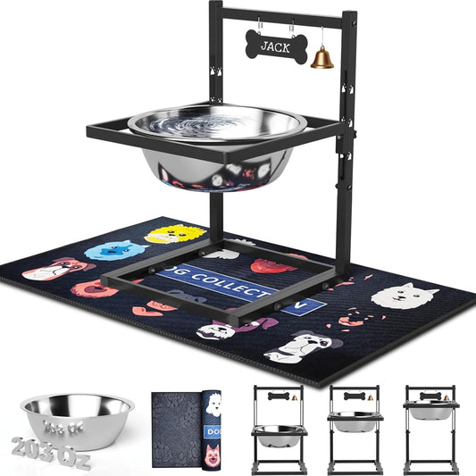 1.6Gallon Elevated Dog Water Bowl for Large Dogs, Height Adjustable (10-17.8in) Raised Stainless Steel Bowl with Spill-Proof Mat & Sturdy Metal Stand, Easy-Clean Feeder for Indoor/Outdoor Use