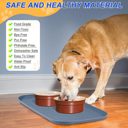 Silicone Pet Feeding Mat with Raised Edge for Food and Water, Dog Bowl Mats, Cat Bowls Placemat with High Lip for Floor Waterproof, Rubber Tray for Cats and Dogs 22 x 14 x0.8 Slate Blue