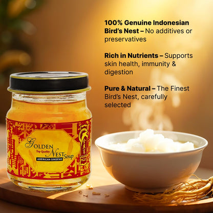Golden Nest Premium Bird Nest Soup, Swallow Bird Nest 100% Natural - Made in USA, (燕窩) 6 bottles x 75ml (2.5 oz.) (1 box = 6 bottles x 75ml, Ginseng)