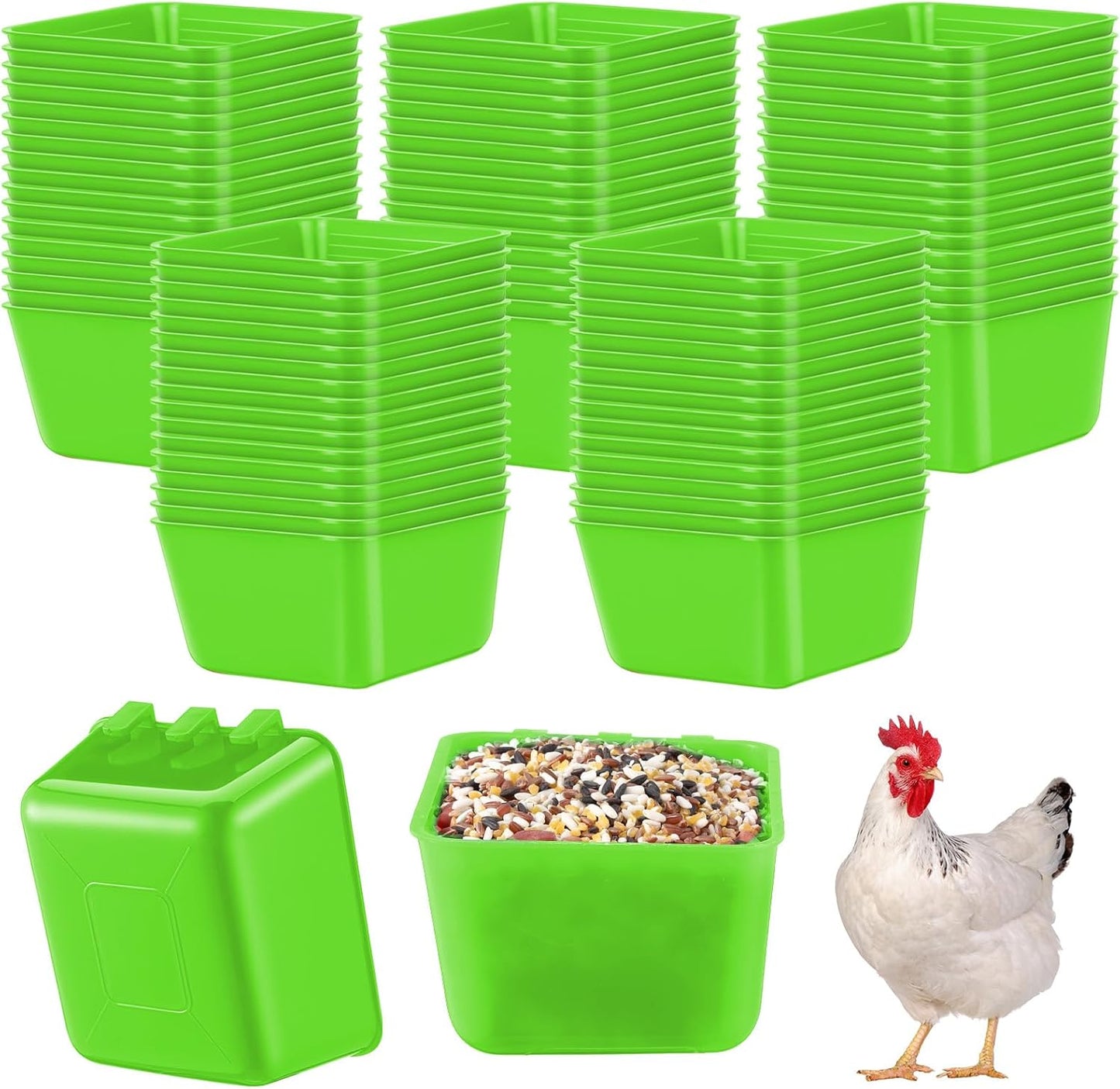 Maxdot 50 Pcs Cage Cups Chicken Feeder Cups 16 oz Hanging Bird Food Water Bowl Bunny Cage Feeding Dish for Pet Parrot Rooster Parakeet Gamefowl Poultry Pigeon(Green)