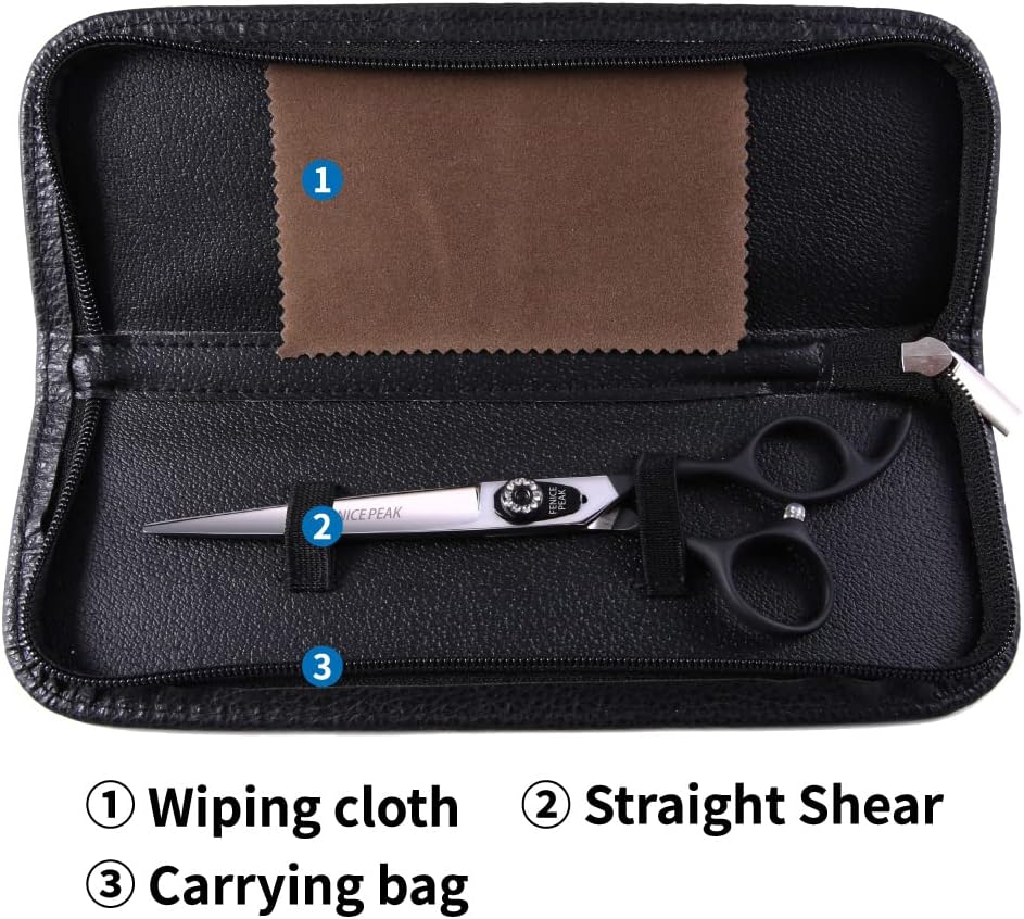 Fenice Peak 7.0'' Dog Straight Scissors For Grooming Pet Hair Cutting Shears 440C Stainless Steel Black Non-Slip Handle Sharp Blades Professional Pet Trimming Scissors for Cats