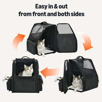 Amazon Basics Pet Backpack for Cats & Small Dogs, Collapsible Travel Carrier with Ventilated Mesh, Removable Pad, and Safety Leash, Black