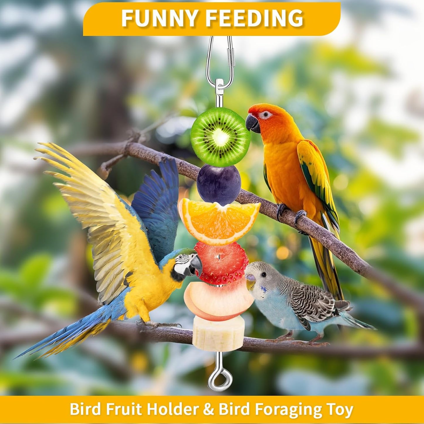 3 Pcs Bird Food Holder for Cage, Parrot Food Treat Skewer Hanging Fruit Vegetable, Stainless Steel Bird Foraging Toy for Cockatiel Parakeet Budgie Macaw Small Animals Feeder -Silvery, 3 Pcs