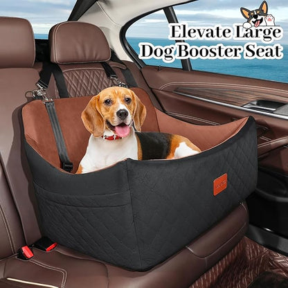 Dog Car Seat for Medium & Large Dogs Up to 55lbs, Memory Foam Cushion, Washable Cover, Safety Straps & Non-Slip Bottom(Black/Brown,Large)