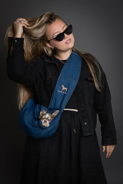 Noah & Paw Dog Sling Carrier for Small Dogs 3-10lb, Dog Sling for Small Dogs and Cats, Dog Carrier with Adjustable Padded Strap, Vegan Denim Lined with Fur, 3X Safety Features, Machine Washable