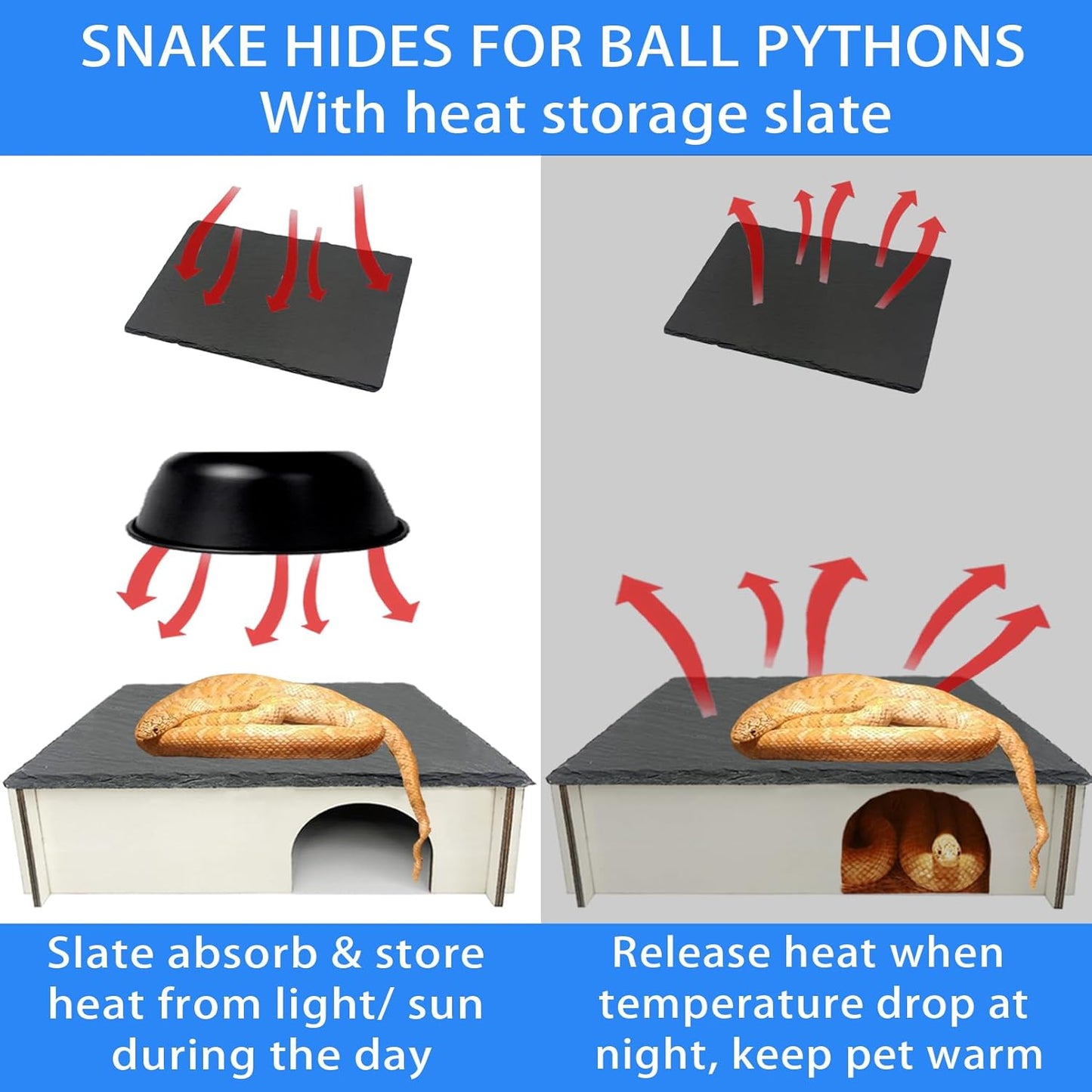 Large Snake Hide with Slate Reptile Hide Box Ball Python Hide 13.8×9.8×3.1" (L) Reptile Hides Snake Hides for Ball Pythons Leopard Geckos100% Natural Stone & Wood Reinforced Packaging