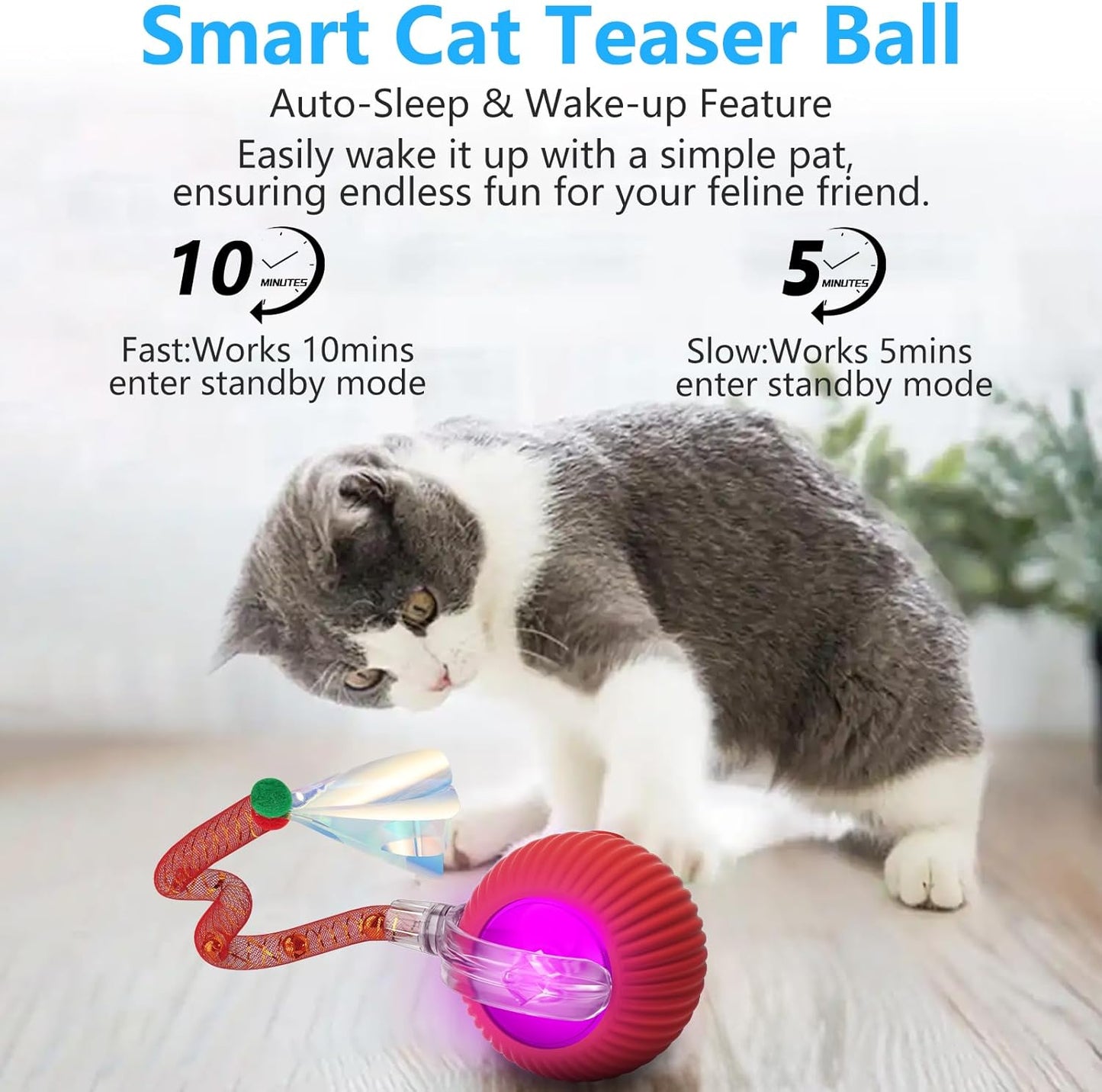 Interactive Cat Toys for Indoor Cats, 2025 New Generation Interactive Cat Ball Toy with Elastic Mesh Tail, Automatic Cat/Kitten Toys with Chirping & Motion Activate, Cat Toys for Bored Indoor(Red)