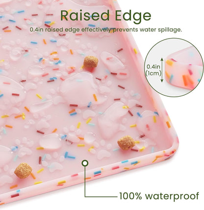 Ptlom Dog Food Mat Anti-Slip Dog Bowl Mats for Food and Water, Waterproof Pet Placemat Prevents Messy Spill to Floor, Silicone Puppy Feeding Tray for Small, Medium and Large Dogs Cats, Pink